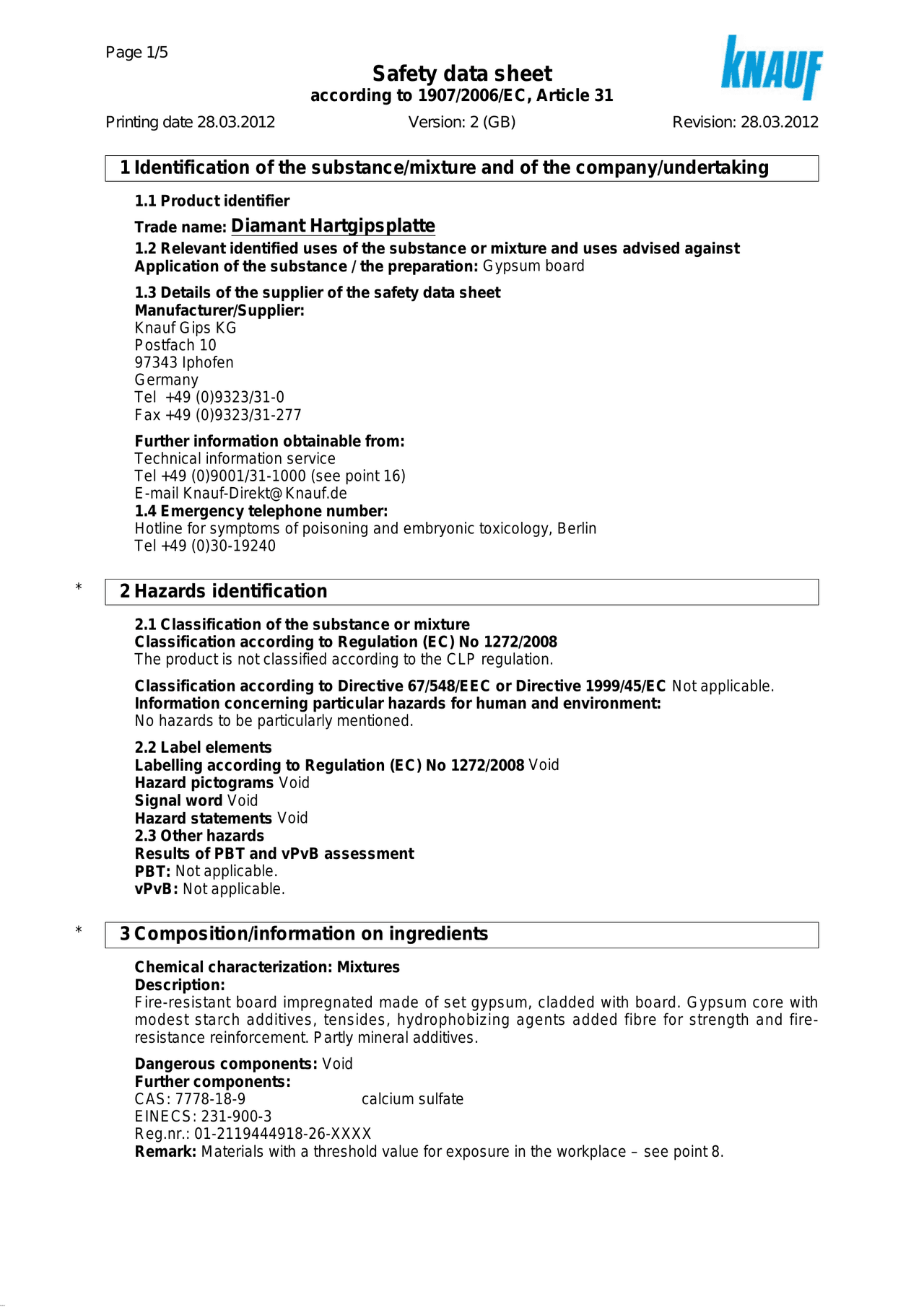 Safety data sheet according to 1907/2006/EC, Article 31